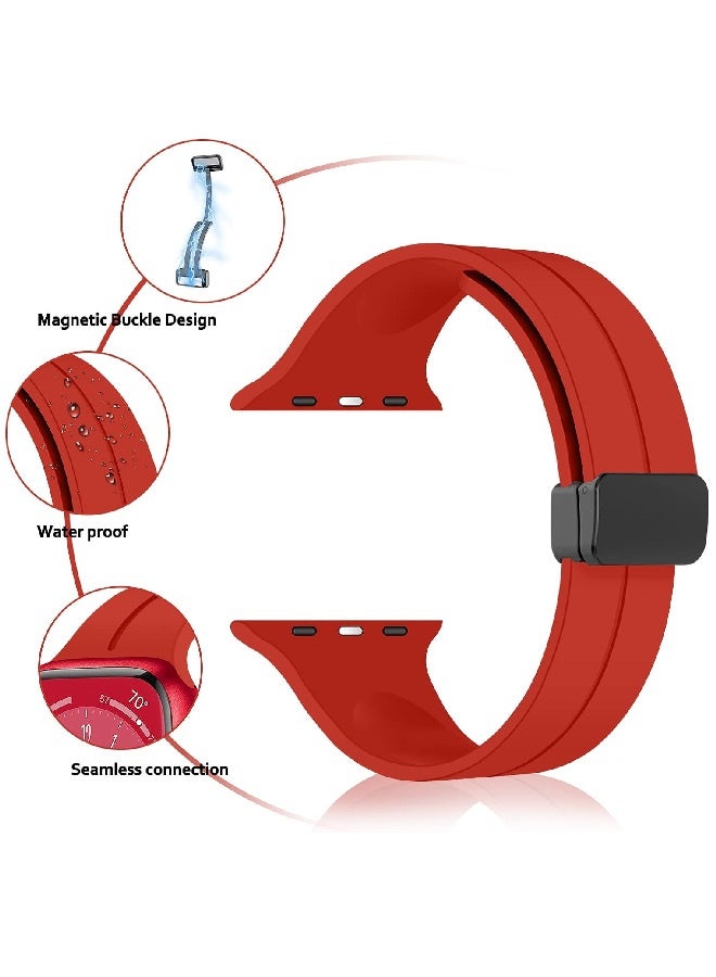Replacement silicone sports wristband, black, with a magnetic D-shaped clasp 42/44/45/49mm, compatible with Apple Watch series SE/11/10/9/8/7/6/5/4/3 - Red - Image 2
